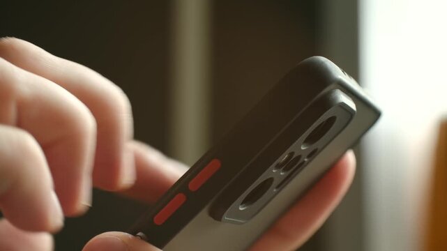 Close up hand holding smartphone, thumb touching swiping on screen display. Person using mobile phone technology, interacting with digital interface. Person using smartphone touching screen display.