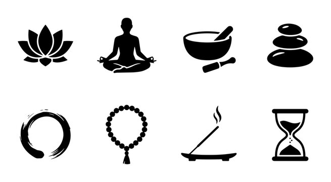 Zen Meditation Icons Set, Yoga Silhouette, Lotus Flower, Singing Bowl, Balance Stones, Zen Circle, Prayer Beads, Incense, Hourglass