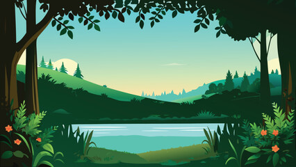 Scenic landscape illustration with trees hills and a tranquil lake © PUNNABEGUM