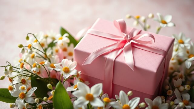 A delicately pink gift box tied with a satin ribbon, nestled amongst a bouquet of fresh white daisies.
