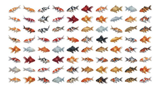 Japanese koi fish collection, set of 80 colorful carp and goldfish vector icons, decorative aquatic animal illustrations for pond and garden design
