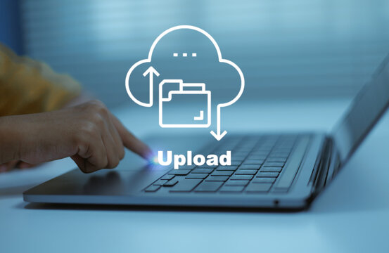 Cloud upload technology concept ,person working laptop digital interface, representing online data transfer, file storage, cloud computing, secure backup, remote access workflow solutions business