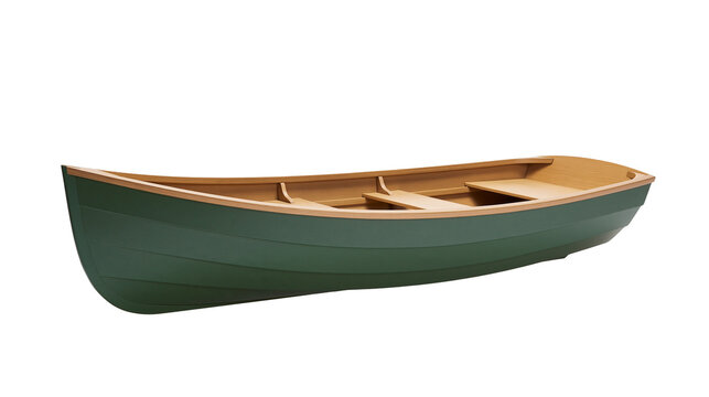 Green wooden rowboat with natural wood interior