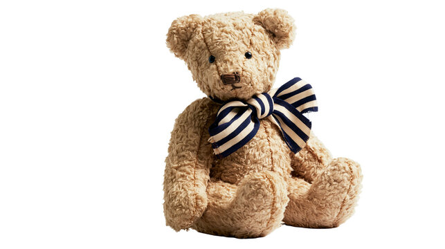Fluffy teddy bear with blue and white striped bow tie