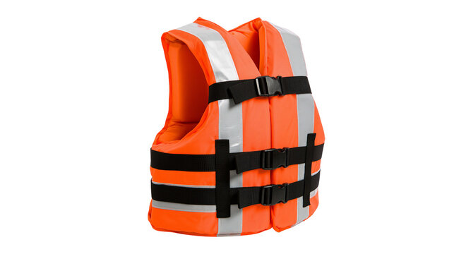 Orange life vest with reflective stripes and black buckles