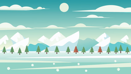 Flat vector illustration of a mountain landscape with evergreen trees © PUNNABEGUM