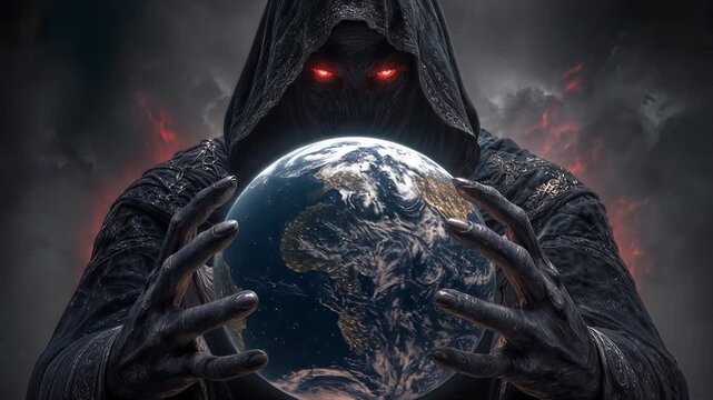 Cloaked figure with glowing red eyes holding planet Earth. Dark fantasy concept of global domination and mysterious power. Static medium shot.