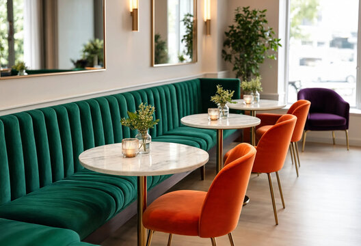 A stylish cafe interior features velvet banquette seating, marble tables, and colorful chairs in a bright contemporary setting. The relaxed space feels inviting for dining, socializing, and hospitalit