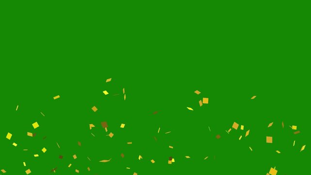 Golden confetti explosion and falling glitter particles on green screen background
