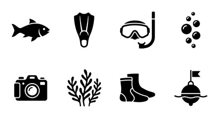 8 Underwater Adventure Silhouette Icons for Scuba Diving and Snorkeling © Svgmust