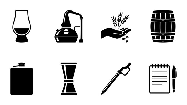 Whiskey Making Icons Set, Silhouette, for Beverage Industry