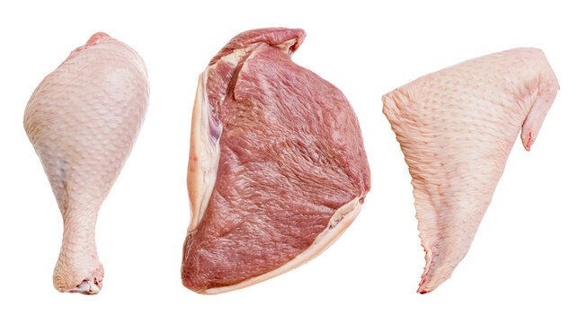 Raw turkey leg beef steak, and chicken wing