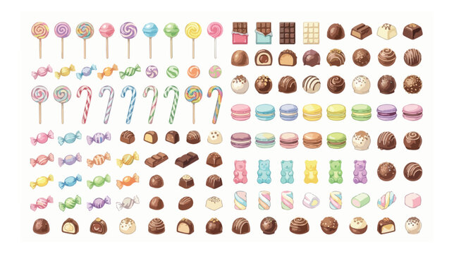 Assorted candy and chocolate collection, sweet dessert vector set with lollipops and macarons, colorful confectionery icons for bakery menu