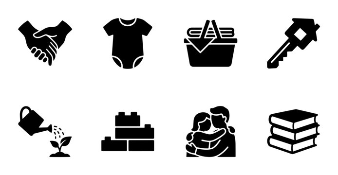 Family and Life Icons: Handshake, Baby Clothes, Picnic Basket, House Key, Gardening, Building Blocks, Couple Hugging, Books