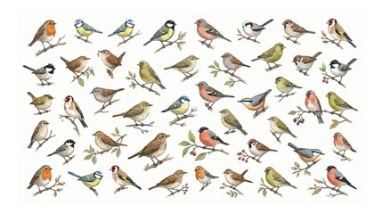 Vintage garden bird collection, set of 40 hand drawn songbird illustrations, watercolor style garden birds vector for nature guides and stationary © noor