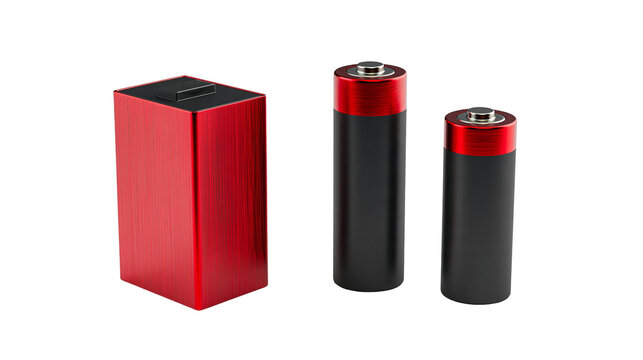 Red metallic battery pack and two AA batteries