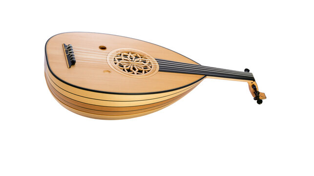 Wooden oud lute with rosette soundhole and tuning pegs
