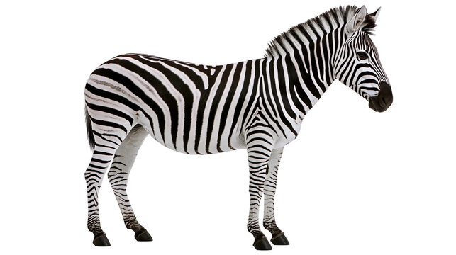 Striped zebra standing profile view, isolated on transparent background