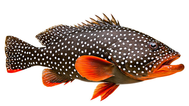 Dark spotted grouper fish with bright orange fins, isolated on transparent background