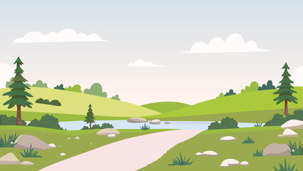 Rolling hills landscape with river and trees vector illustration © PUNNABEGUM