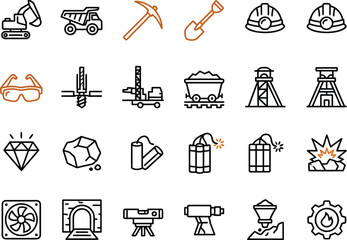 Mining equipment line icons on a white background depicting tools and machinery for resource extraction excavator dump truck pickaxe shovel © Md. Hafizul Islam
