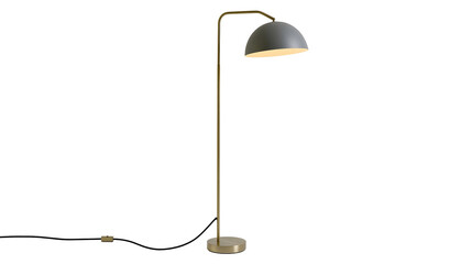 Modern arc floor lamp with grey dome shade and brass stem © Elena