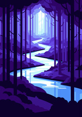 Obraz premium Beautiful Winding River Through a Mystical Purple Forest Vector Illustration Design Representing Tranquil Nature Landscapes for Creative Projects