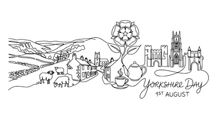 Yorkshire Day Line Art: Landscape, Rose, Castle, Tea, Sheep, 1st August Celebration © Hujan