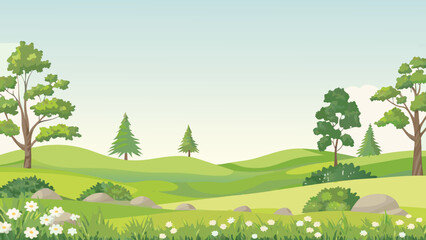 Rolling green hills landscape with trees and wildflowers illustration