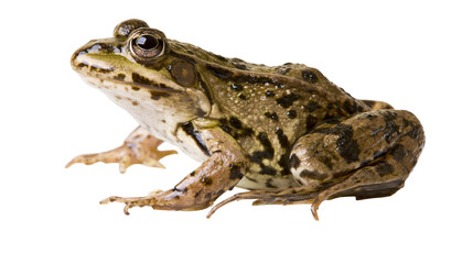 Obraz premium Green brown spotted frog with bulging eyes on white