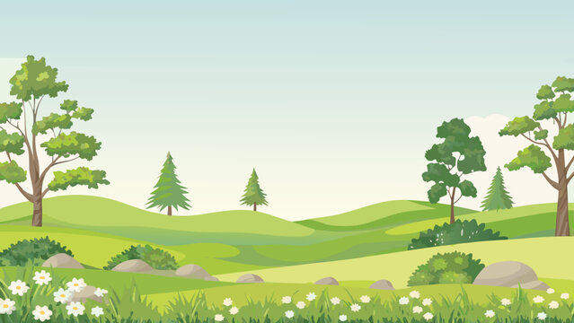 Rolling green hills landscape with trees and wildflowers illustration