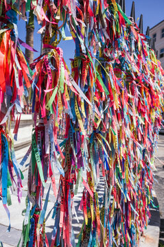 Colorful wish ribbons of Senhor do Bonfim tied together, Salvador, Bahia, Brazil