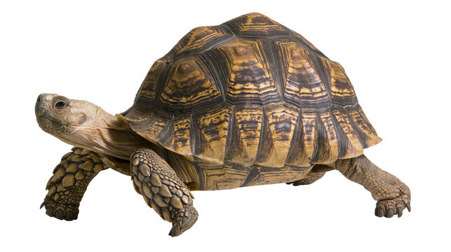 Leopard tortoise with patterned shell and scaly legs