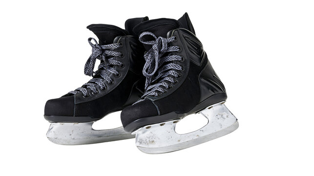 Black ice hockey skates with grey laces and worn metal blades
