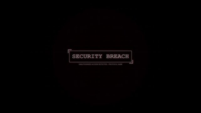 Digital security breach alert, warning notification with glitch effect on dark background, cyber threat warning