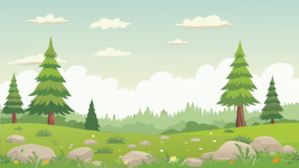 Forest Landscape With Green Trees And Cloudy Sky Illustration © PUNNABEGUM
