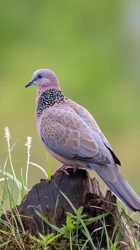 Spotted dove resting on a weathered wooden tree stump captures peaceful avian movement in this high definition nature motion video clip featuring soft natural lighting and elegant feather textures tha