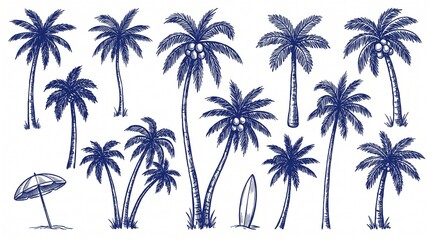 Fototapeta premium Blue ink‑style tropical drawings—palm trees, beach umbrella, surfboard—arranged in a relaxed composition, symbolizing coastal leisure, summer vacation, and seaside atmosphere with simple stylized char