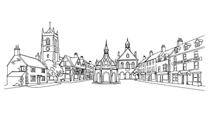 Hand-drawn Sketch of a Historic English Market Town Square with Buildings and Clock Tower © Hujan