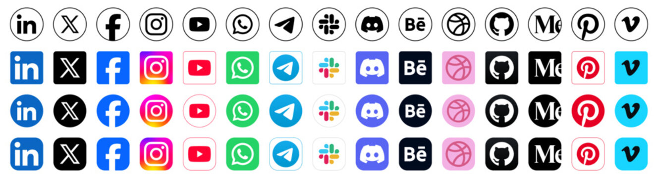 Popular social media icons and networking platform logos set include Facebook, instagram logo icon with outline, square, and circle styles for networking, messaging, portfolio, and digital branding