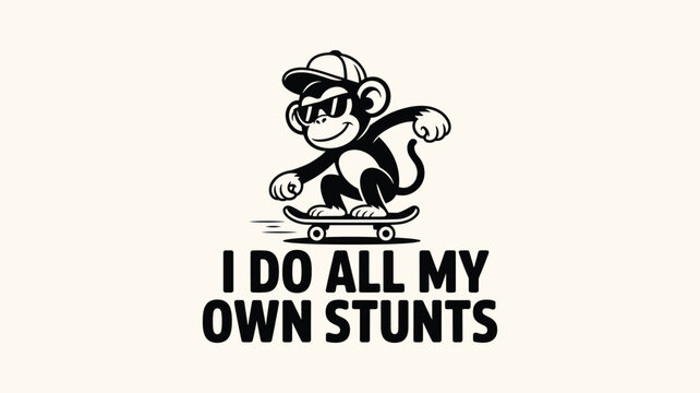 Cool monkey wearing sunglasses on skateboard with motivational quote for extreme sports and youth culture.