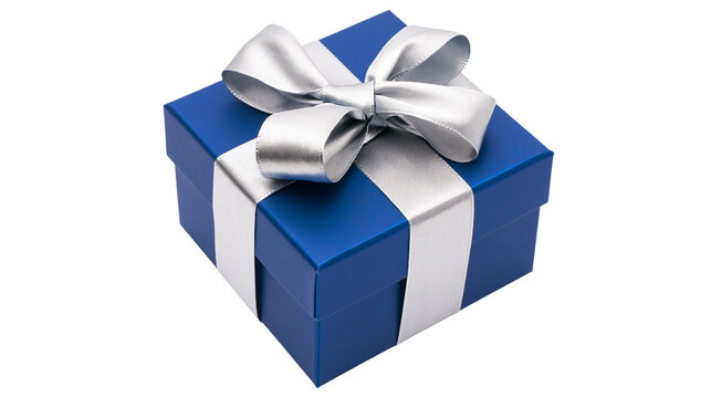 Blue gift box with silver ribbon and bow