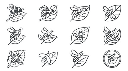 Bees on leaves and circular nature icons. © Dgyno