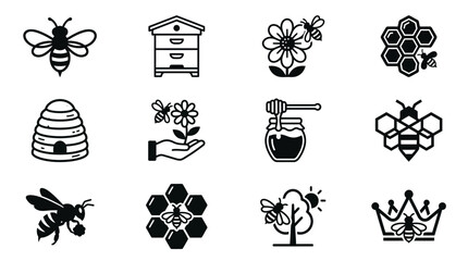 Bold black and white honey bee and apiary icons. © Dgyno