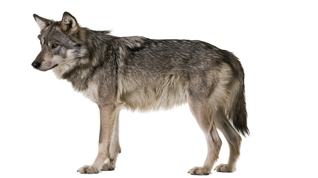 Gray wolf standing profile view on white