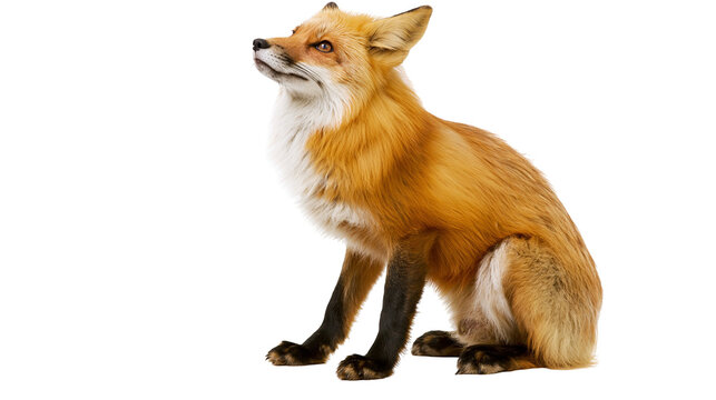 Red fox sitting and looking up attentively