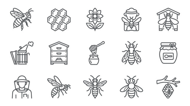 Beekeeping tools and honey production industry icons.