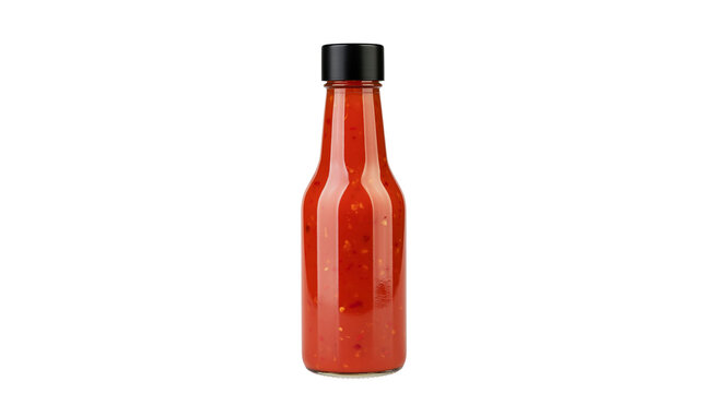 Glass bottle of red hot sauce with black cap