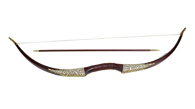 Traditional recurve bow with ornate gold inlay and arrow
