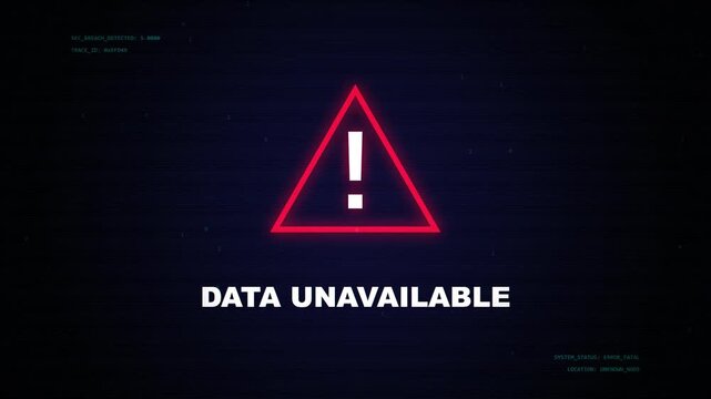 Glitching digital screen displays alert symbol and "data unavailable" message, conveying error or system failure, digital noise and static